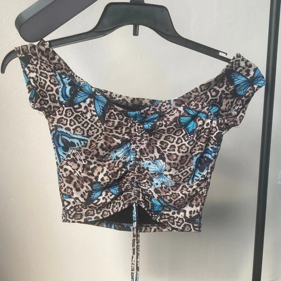 3/$12 Rue21 top Butterfly animal print cinch string in front casual boho M jr - Picture 14 of 17
